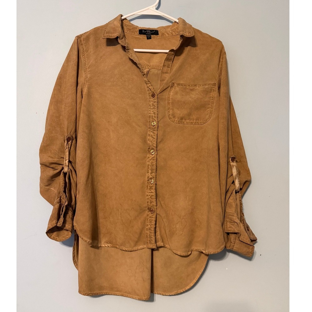 Velvet Heart Women's L Los Angeles Brown Rayon Roll Tab Button Down Shirt 2123